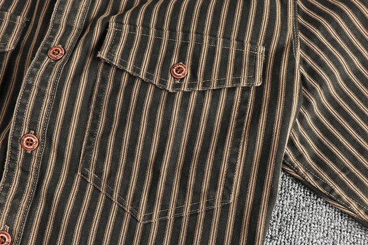 2025 Autumn And Winter New American Retro Stripe Long-Sleeve Lapel Shirt Men's Simple Fashion Washed Multi-pocket Casual Blouses