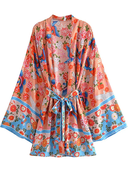 Boho Queens Vintage Peacock Floral Print Sashes Beach Kimono Women Bohemian Wrap Batwing Sleeves Holiday Bikini Cover-ups