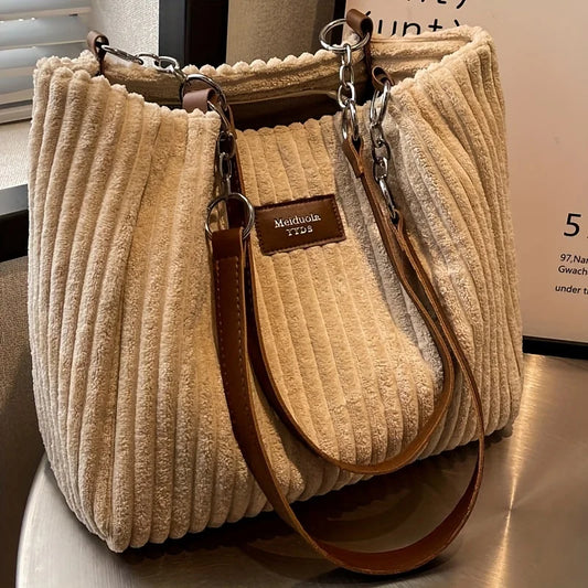 Stylish Corduroy Tote Bag for Women, Large Capacity Plush Shoulder Bag, Versatile Commuter & Travel Bag.