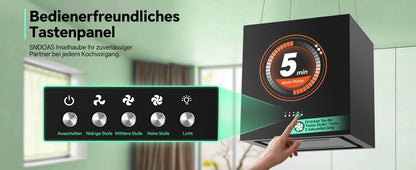 Island Hood 700/800m³/h, A+ Energy, 5-Layer Filter, LED, Ductless, Black, CE, Push Button