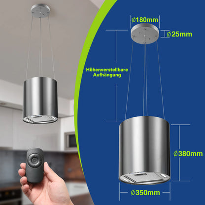 Island Hood 700/800m³/h, A+ Energy, 5-Layer Filter, LED, Ductless, Black, CE, Push Button