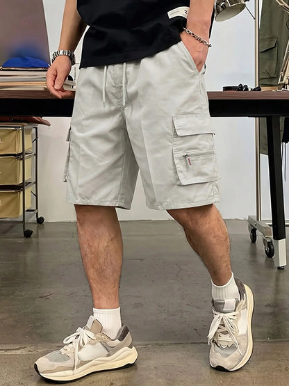 Men's Straight Cargo Shorts Lightweight Breathable Solid Color Drawstring Waist with Zipper Pockets Casual Summer Short Pants