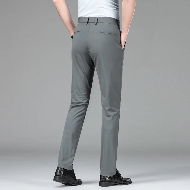 New Summer Men's Ice Silk High Stretch Business Suit Pants Male Army Green Blue Elastic Formal Office Straight Formal Trousers