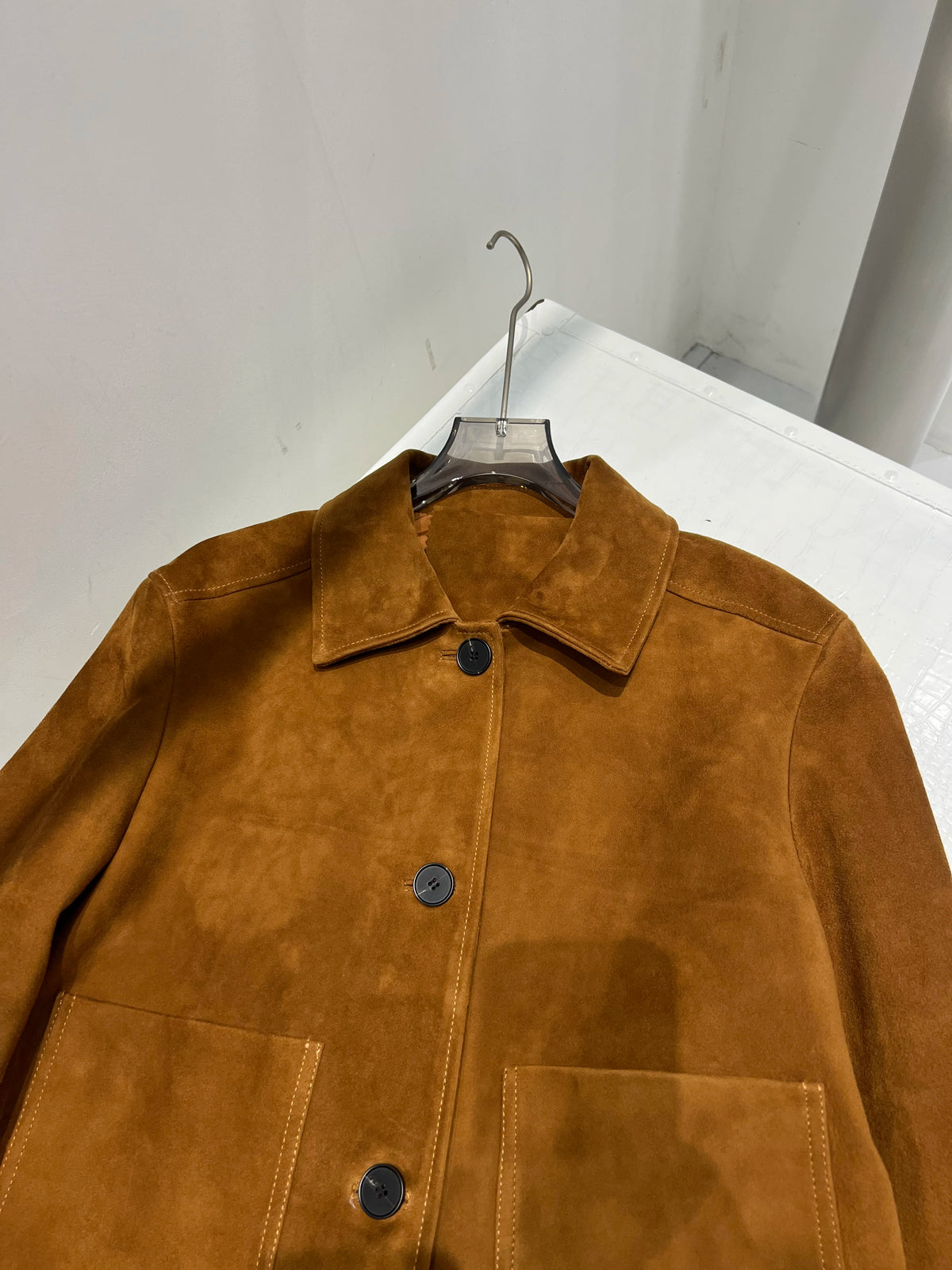 European Imported Kid Suede Leather Jacket for Woman High Grade Turn Down Collar Pocket Short Cropped Coat Long Sleeve Top Mujer