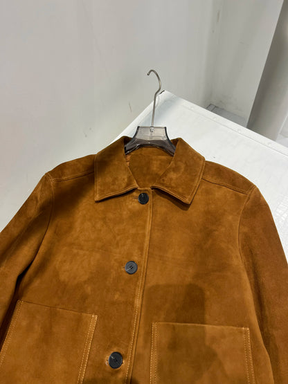 European Imported Kid Suede Leather Jacket for Woman High Grade Turn Down Collar Pocket Short Cropped Coat Long Sleeve Top Mujer