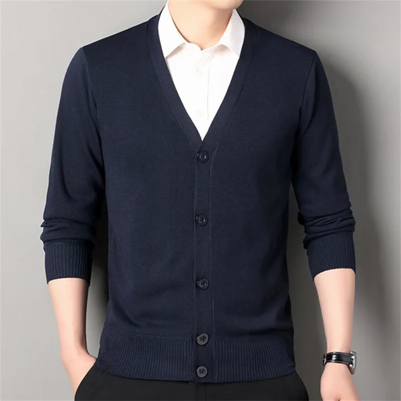 Autumn Winter Men's Casual Knit Cardigan Solid Color Slim Fit Fashion V-Neck Knitted Sweatercoat Men Fleece Warm Sweater Jackets