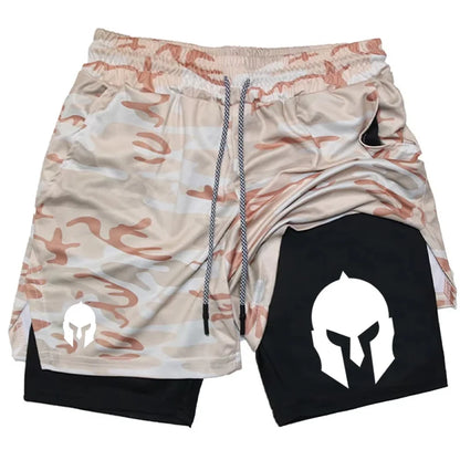 Men's Spartan Helmet Print Double Layer Gym Shorts, 2-in-1 Athletic Workout Running Casual Streetwear Short Pants WX099