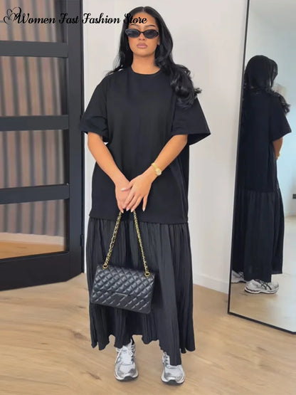 2026 Summer New Loose Patchwork Dresses Women's Pleated Fashion Short Sleeve O-neck Long Robes Female Elegant Casual Dress