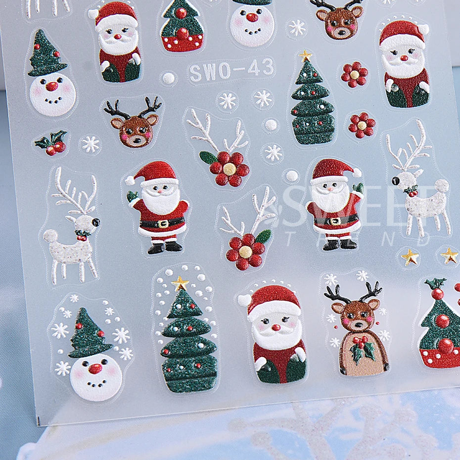 5D Embossed Christmas Nail Stickers Gingerbread Man Snowflake Snowman Penguin Nail Decal Autumn Winter Nail Supplies Decoration