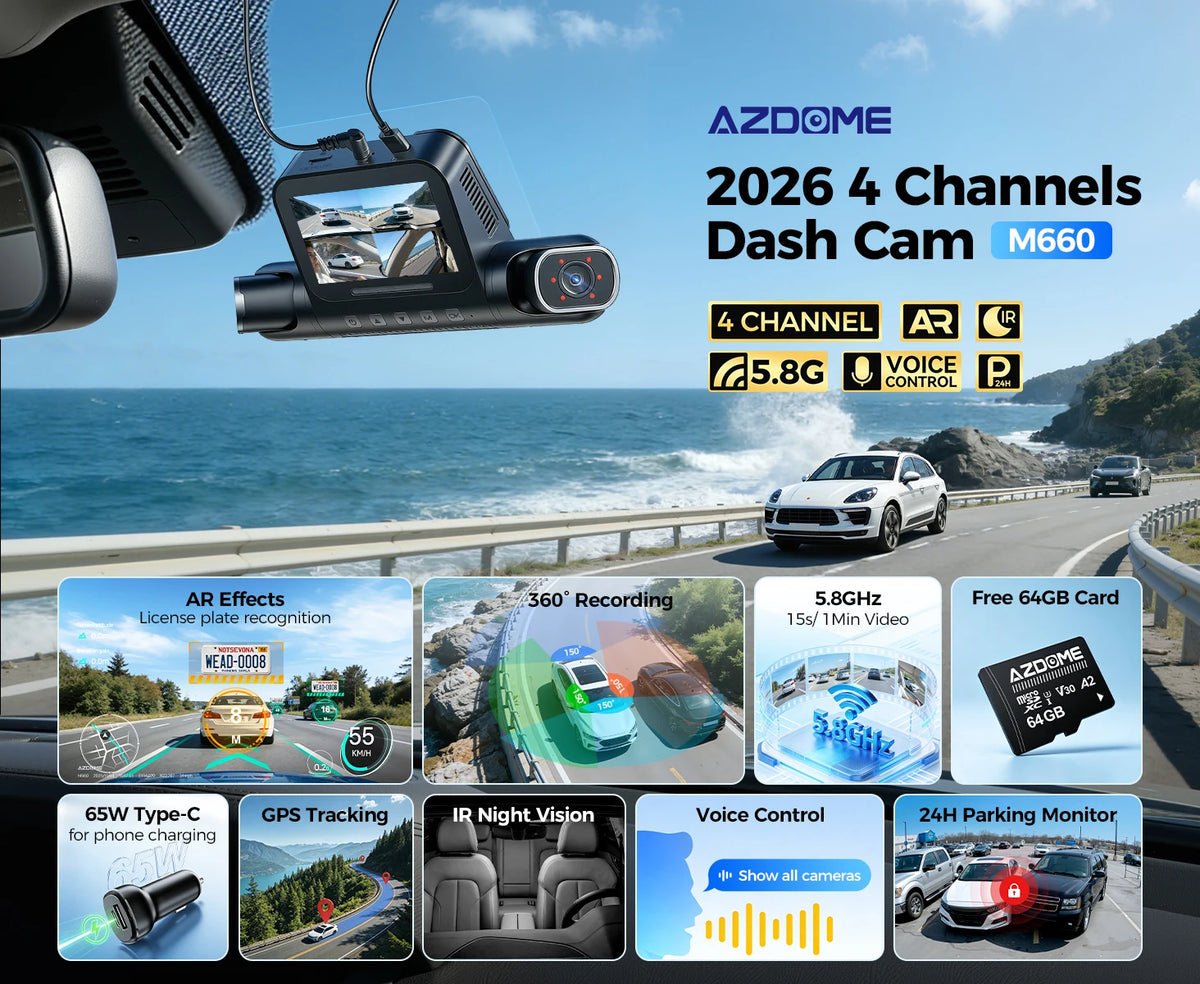AZDOME Dash Cam M660 2.5K+3*1080P 4CH Car DVR GPS 5G Wifi Free 64GB Card Voice Control 24H Parking Monitor Super Night Visio