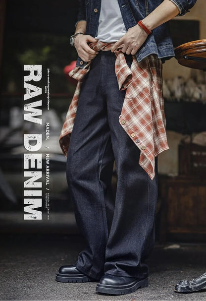 Maden Vintage Men's 15.6oz Selvedge Raw Denim Jeans Wide Leg Trousers with YKK Zipper Fly Straight Fit Jeans for Fall and Winter