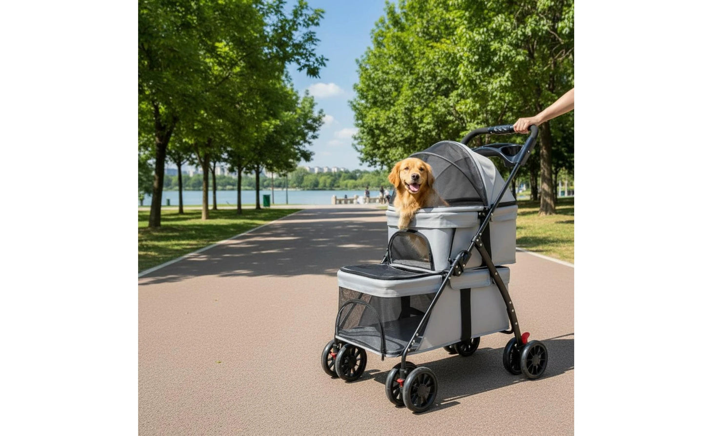 Double-Deck Pet Stroller Lockable Wheels Small Dog Feline Stroller Pet Transport Storage Pockets Removable Liner for Outdoor