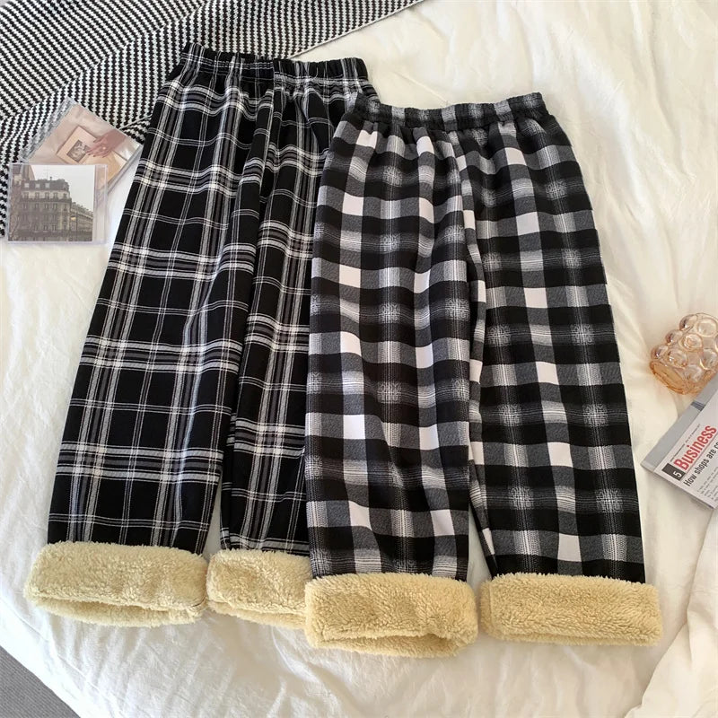 JMPRS Fashion Warm Plush Pants Thick Plaid Women Casual Loose Wide Leg Trousers Korean Streetwear Straight Student Pants New