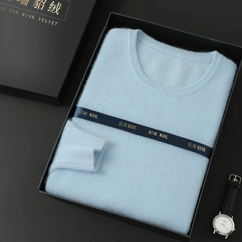 Men's 100% Pure Mink Cashmere Sweater O-Neck Pullovers Knit Large Size Mink Sweater Winter New Long Sleeve High-End Jumpers Tops