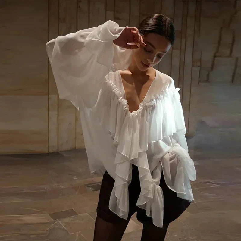 Sexy See-through Chiffon Top V-neck Long Sleeve Beach Party Shirt Trans-seasonal Women's Low Cut Shirt Ruffle Solid Color Tops