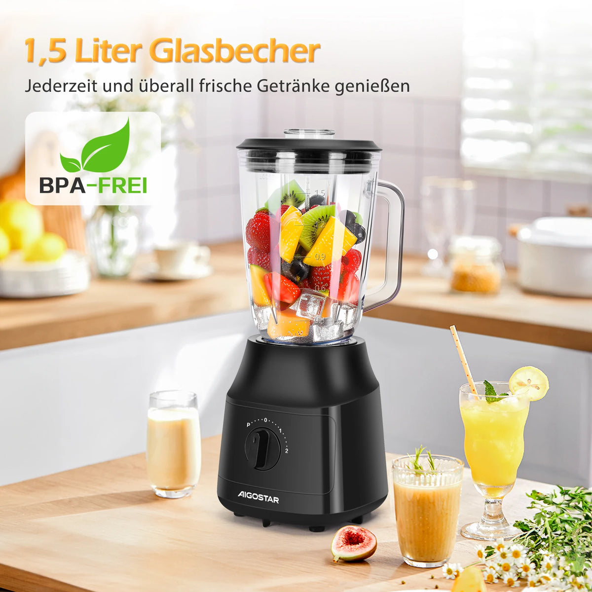 Aigostar Blender and Smoothie Maker, 1.5 Liter Glass Jar, Titanium-Coated Blades, Ice Crush Function, 2 Speeds + Pulse