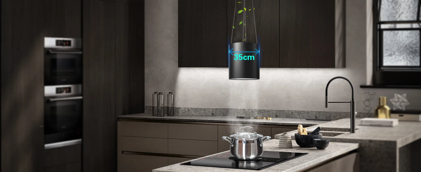 Island Hood 700/800m³/h, A+ Energy, 5-Layer Filter, LED, Ductless, Black, CE, Push Button
