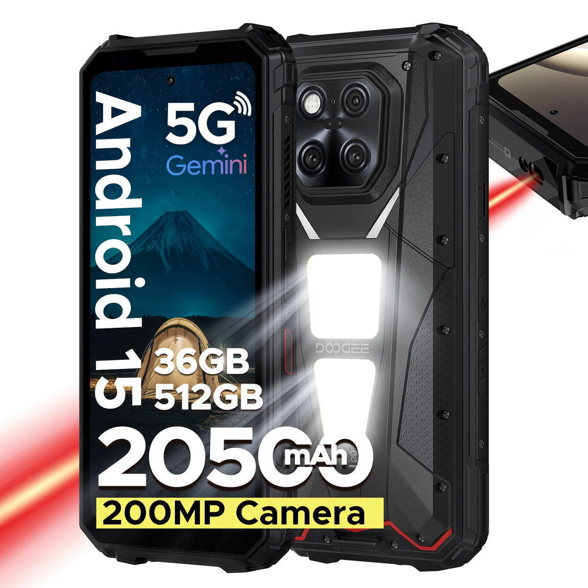DOOGEE V Max LR 5G Rugged Phone Laser Rangefinder Dual Camping Lights 16GB 512GB ROM 6.78'' Display 20500mAh Battery Smartphone