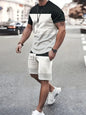 Summer Men's Stripe Print Short Sleeve Tee Elastic waist Shorts 2 Pieces Set Plus Size Loose O-Neck T-shirt Pockets Shorts Set