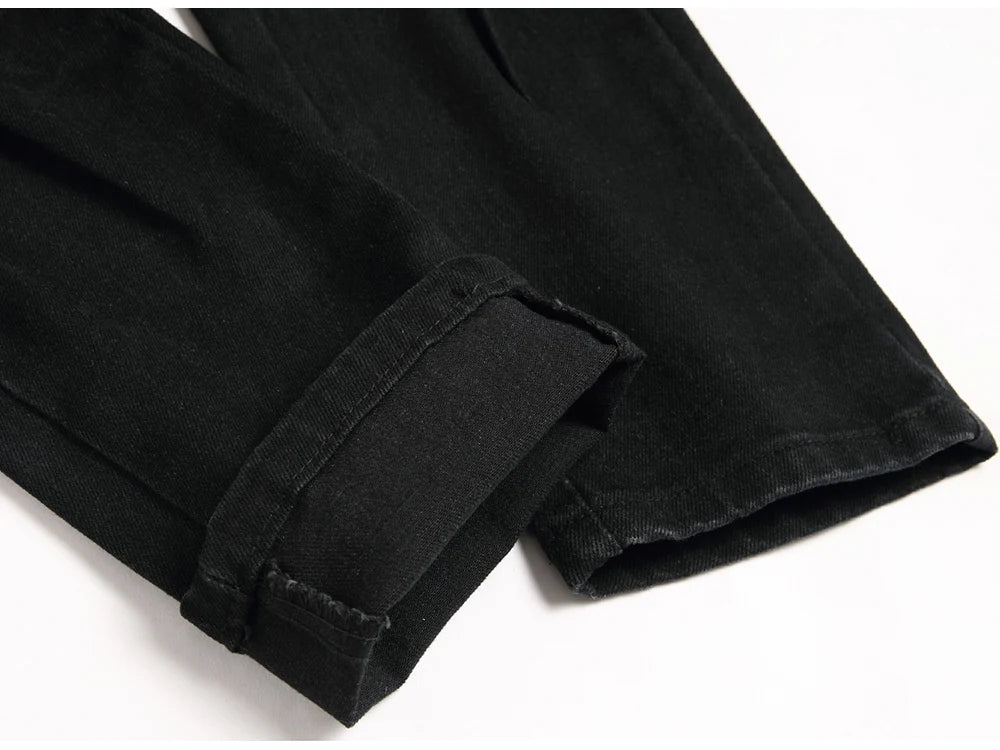 Men Snake Embroidery Jeans Streetwear Black Stretch Denim Pants Holes Ripped Distressed Slim Straight Trousers