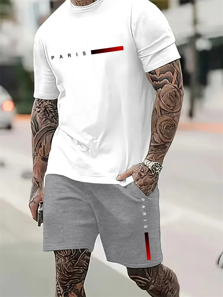 2025 New Men's Summer Round Neck Short Sleeve Suit Outdoor Sports Breathable Comfortable Shorts Suit Letter Print Casual Suit