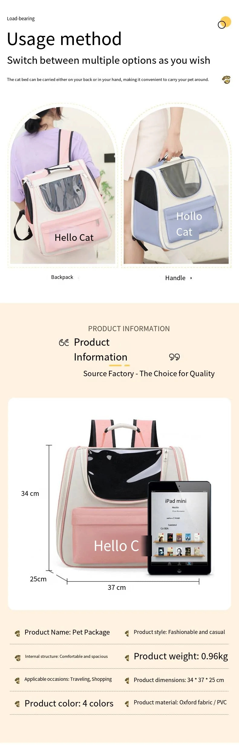 Backpack for Cats and Dogs, Portable Pet Bag for Outdoor Use, Large Capacity Space Cabin, Carrying Cat and Dog Box, Outdoor Bag