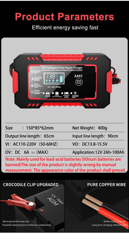 Car Battery Charger 12V 6A Pulse Repair LCD Display Smart Fast Charge AGM Deep Cycle GEL Lead-Acid Charger For Auto Motorcycle