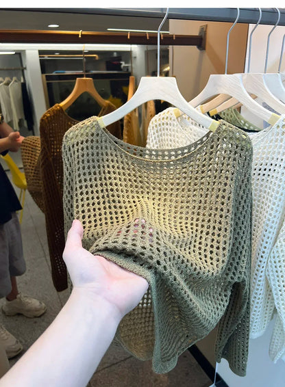 2025 Mesh Vintage Harajuku Long Sleeve Women Sweater Korean Spring Summer Knitwear Soft Thin Tops Chic Solid Femme Sweater