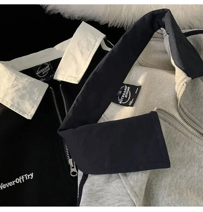 American Style Autumn Winter Oversize Sweatshirts Men Lapel Letter Zipper Printing Label Fashion Trend Long Sleeve Loose Hoodies