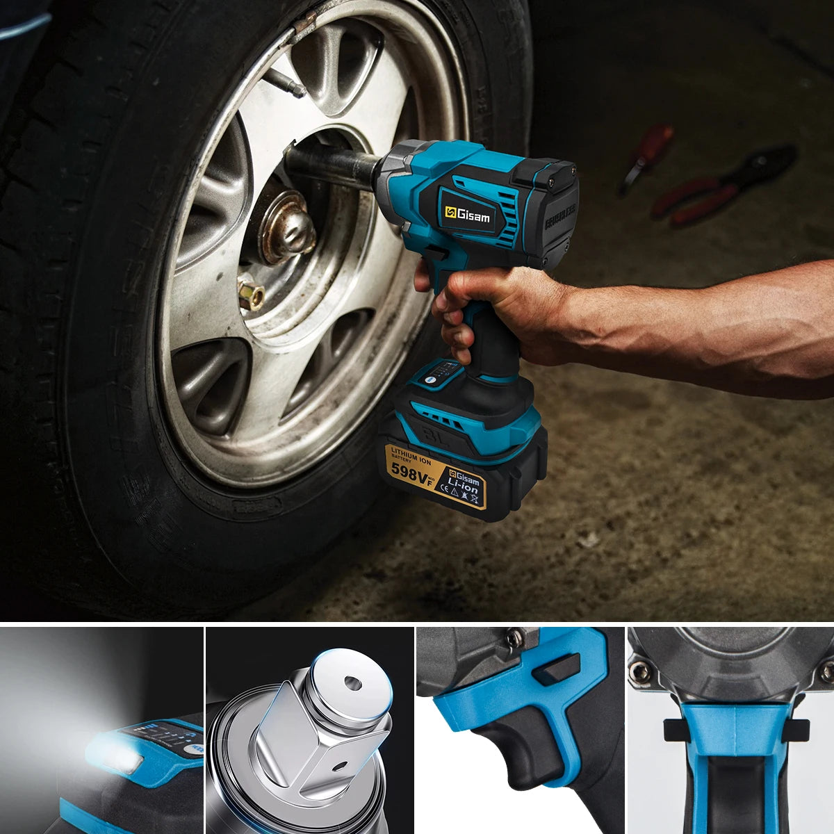 Gisam 1200N.M Torque Brushless Electric Impact Wrench 1/2 inch Cordless Wrench Screwdriver Power Tool for Makita 18V Battery Pin