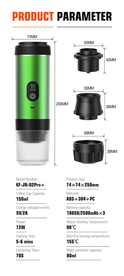 DENOKIN 3-in-1 Capsule Coffee Maker With Digital Display Portable Espresso Coffee Machine for Car & Home Camping Coffee Maker