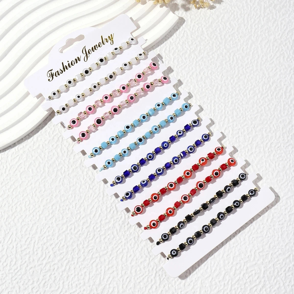 12pcs New Evil Eye Square Crystal Bracelet Handmade Prayer Bangles Adjustable Anklets Wrist Jewelry Gift for Friend