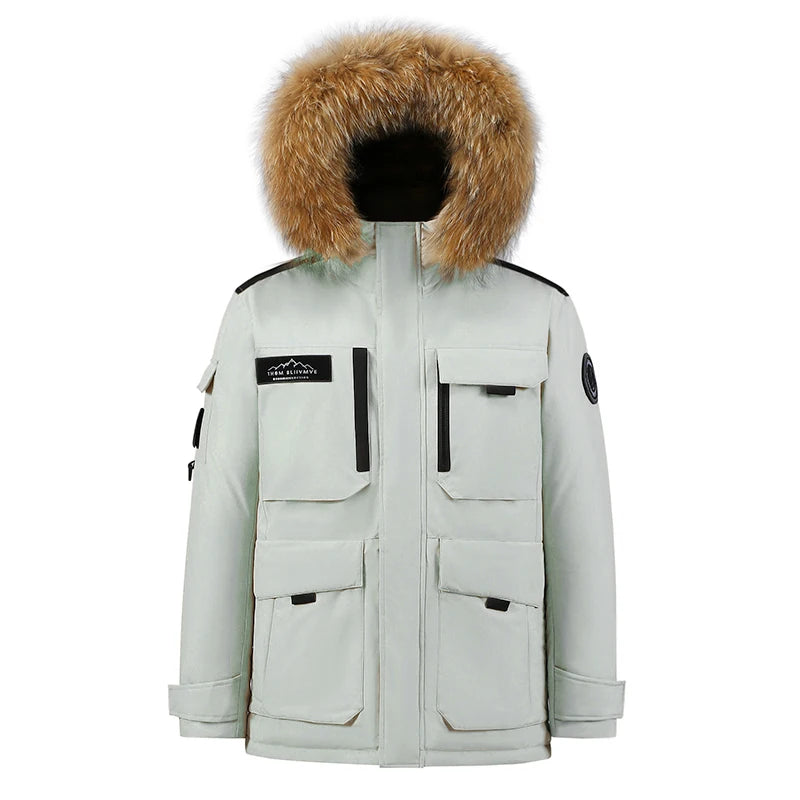-30 Degree Down Parkas Men Windproof Hooded Thicken Multi-pocket Down Coat Casual Fashion Thick Warm Embroidered Design Parka