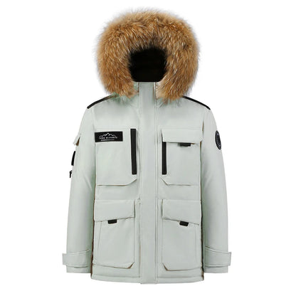 -30 Degree Down Parkas Men Windproof Hooded Thicken Multi-pocket Down Coat Casual Fashion Thick Warm Embroidered Design Parka
