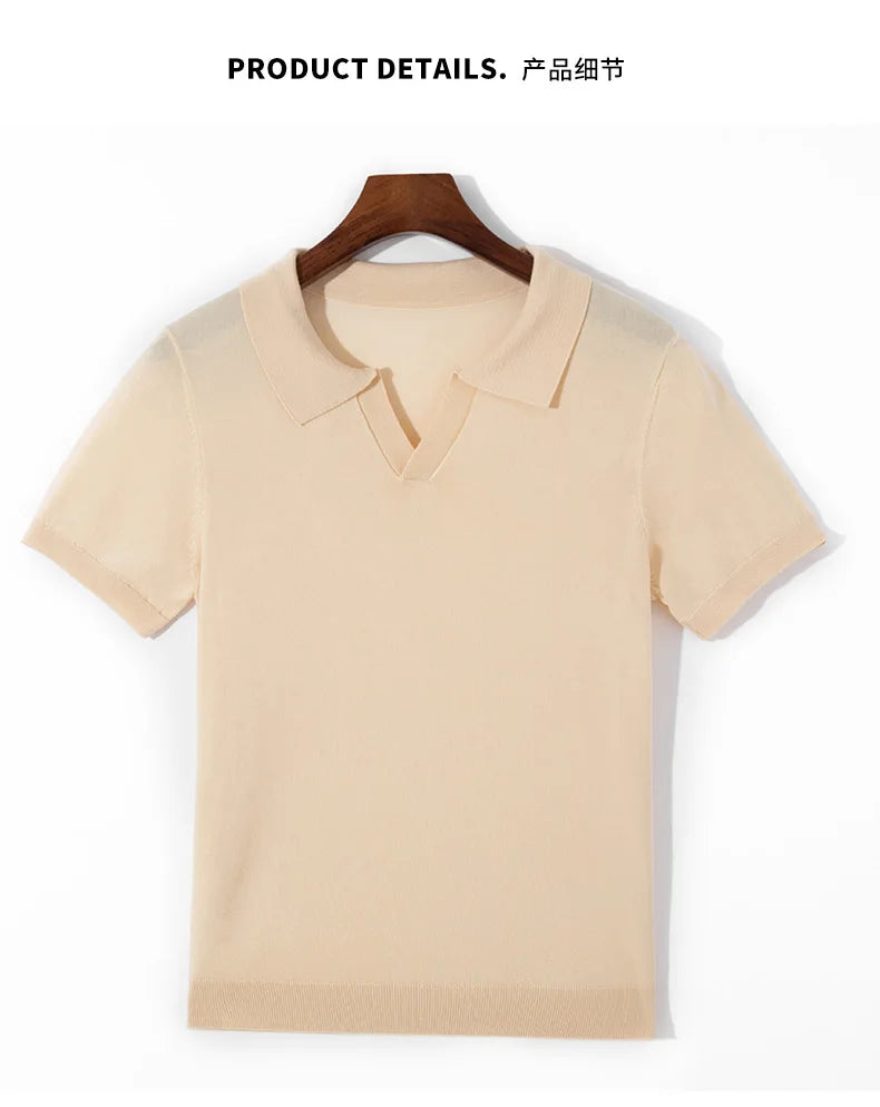 Spring and summer new 100% pure wool business casual knitting technology men's breathable soft lapel Polo short sleeve T-shirt.