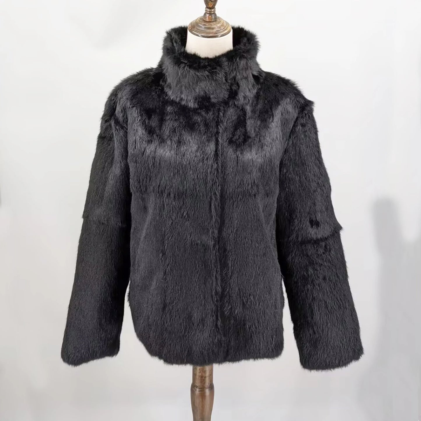 Women Real Rabbit Fur Coat High Collar Winter Jacket Make of One Rabbit Fur Cross Mink Pattern