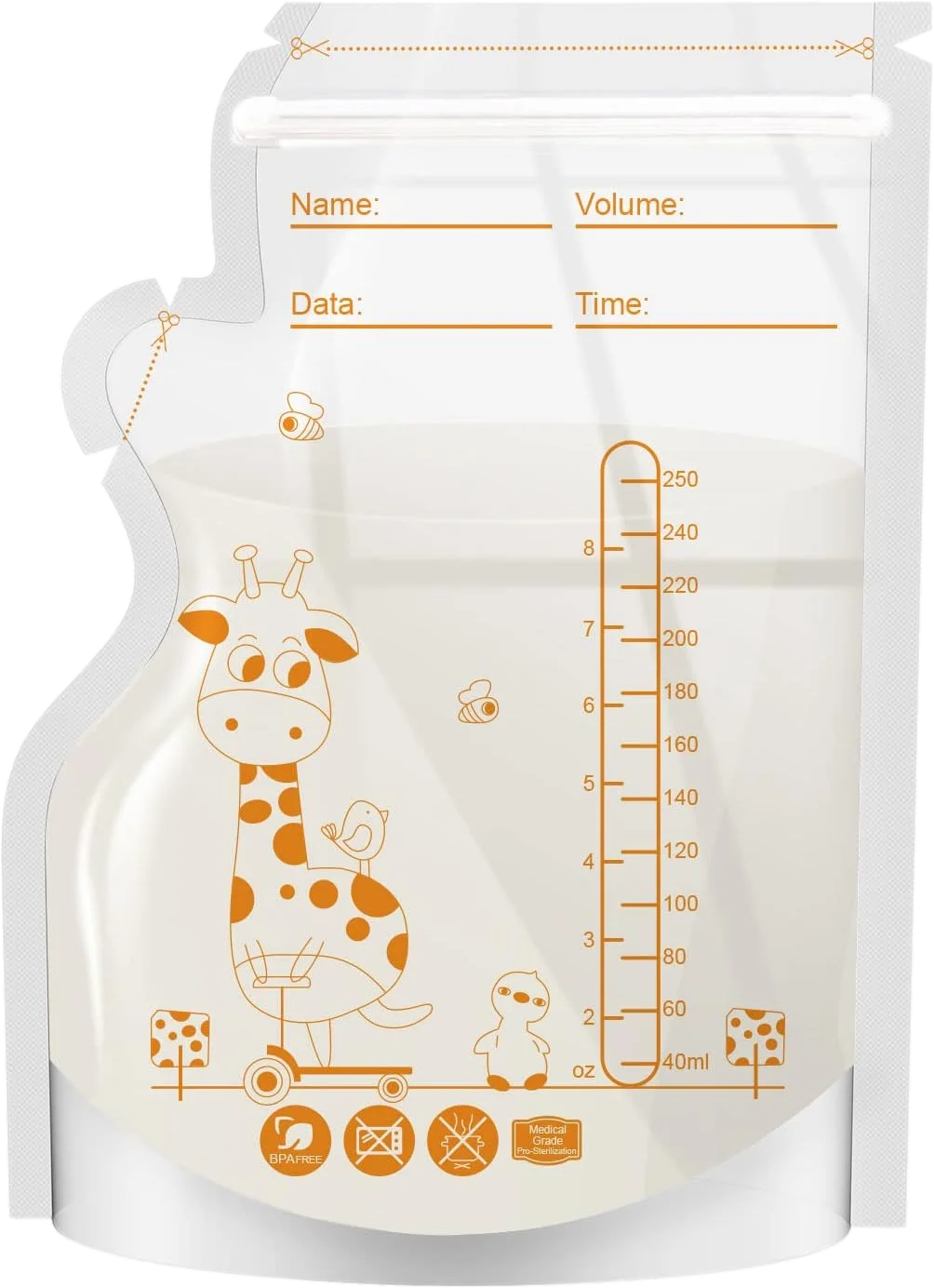 PE Giraffe Breast Milk Storage Bags, 250ML 30pcs/60 pcs per Pack, Pre-Stick Labels, BPA Free, Leakproof,