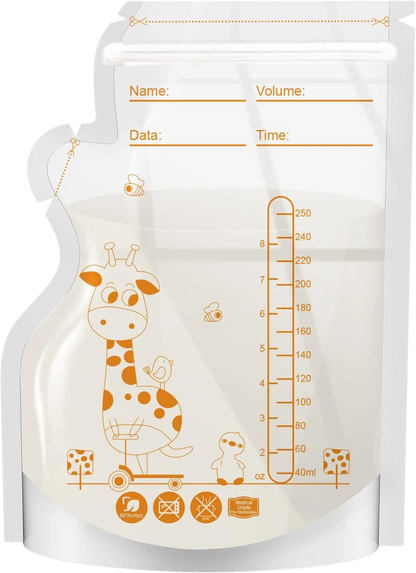 PE Giraffe Breast Milk Storage Bags, 250ML 30pcs/60 pcs per Pack, Pre-Stick Labels, BPA Free, Leakproof,