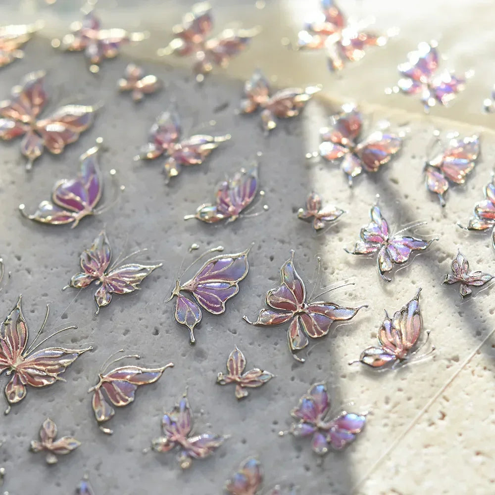 Shiny Jelly Butterfly Charming Golden Gradient Bowknot 5D Self Adhesive Nail Art Sticker Flower Petal Rhinestone Manicure Decals