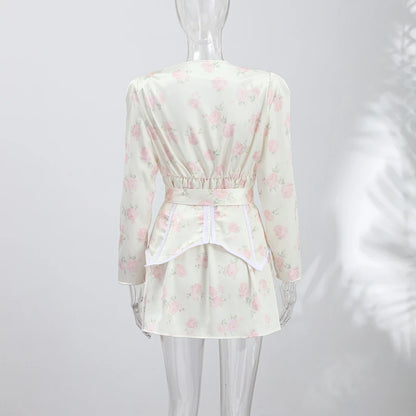 Sexy Women's Dress Deep V-neck Full Sleeve Waistband Two Piece Female Print Floral Sets 2026 Summer Party New Holiday Lady Suit