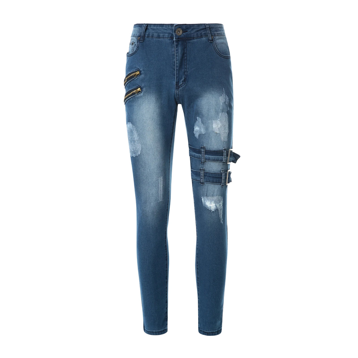 2025 New Men Slim Biker Ripped Long Denim Trousers Skinny Jeans Side Straps Zips Male Jogging Pants Destroyed Stretchy Pants