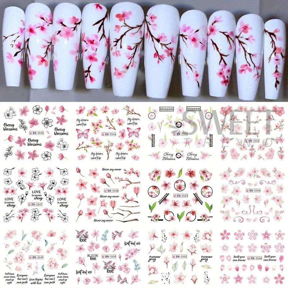12pcs Pink Cherry Blossom Water Nail Sliders Winter New Year Sakura Floral Leaves Stickers DIY Charm Accessories Manicure Decor