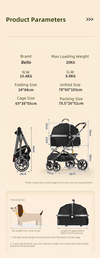 Plant Folding Travel Luxury Pet Stroller For Travel 4 Wheels Trolley Small Dogs & Cats