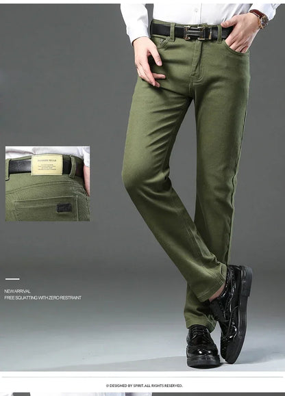 Autumn 96% Cotton Men's Stretch Slim Jeans Army Green Soft Comfortable Casual Straight Denim Pants Trousers Large Size 42