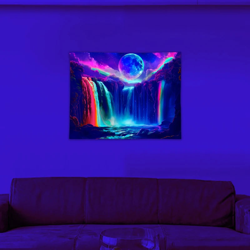 1PC Colorful Waterfall UV Response tapestry, Moon Night Sky Natural Landscape Black Light Home Decoration tapestry