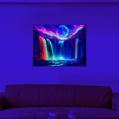 1PC Colorful Waterfall UV Response tapestry, Moon Night Sky Natural Landscape Black Light Home Decoration tapestry