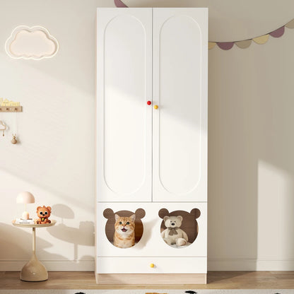 80x50x200cm Kids Wardrobe with Hanging Rod Integrated Cat Bed Design Lacquered Board and Particle Board with Colorful Ceramic Handles White and Natural Wood Color Multifunctional Storage Cabinet Suitable for Bedroom Home Furn