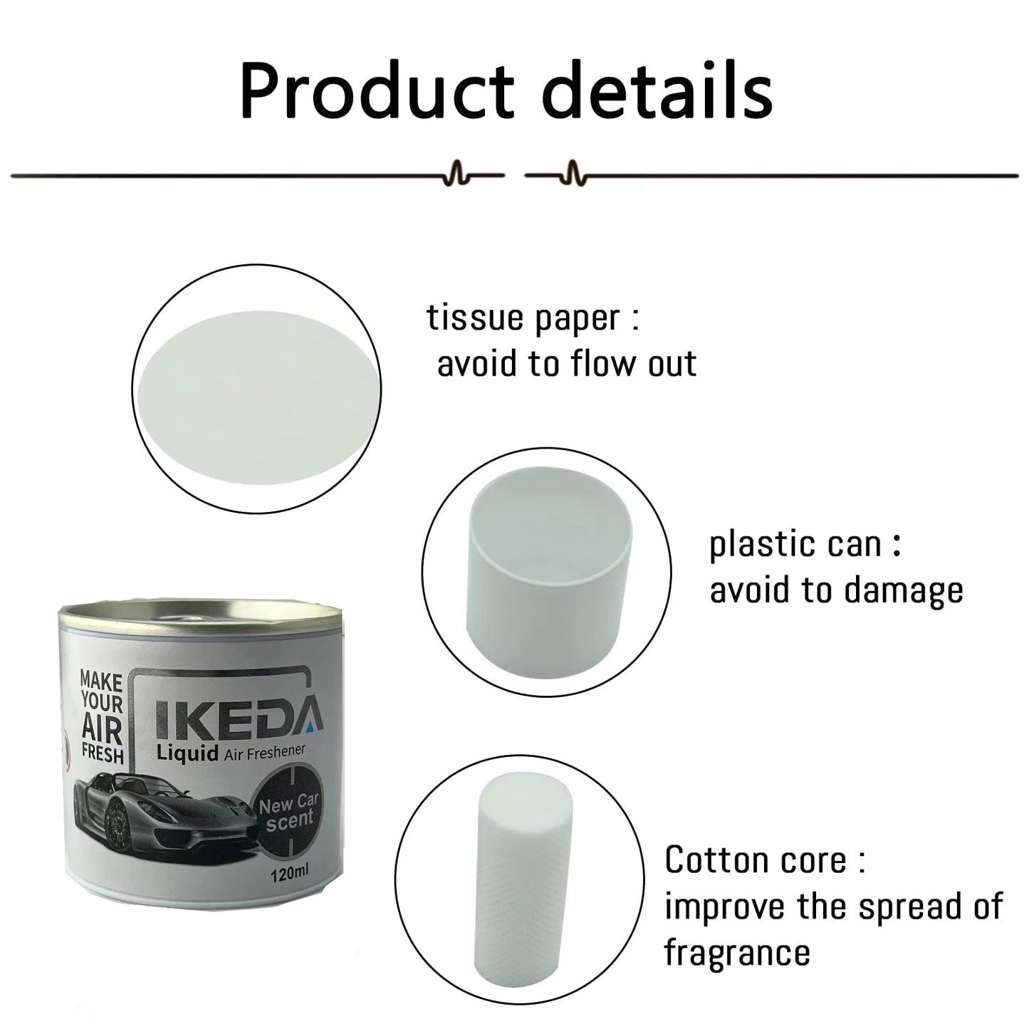 IKEDA 120ml Liquid Air Freshener with New Car Scent, Powerful Deodorizer for Car, Removes Cigarette Pet Odors, Continuous Freshn