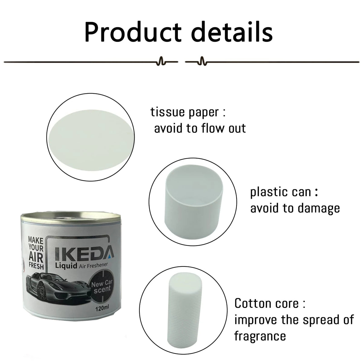 IKEDA 120ml Liquid Air Freshener with New Car Scent, Powerful Deodorizer for Car, Removes Cigarette Pet Odors, Continuous Freshn