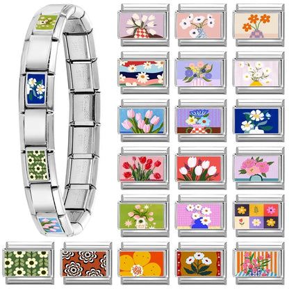 2025 Women's Fashion Colorful Flowers Oil Painting Style Series Italian Charms Fit 9mm Stainless Steel Bracelet DIY Jewelry Gift